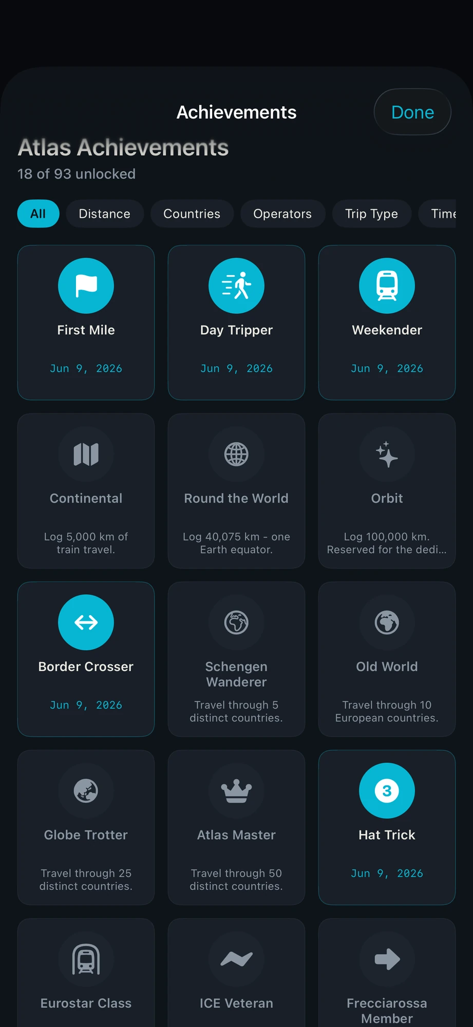 Atlas Achievements: 18 of 93 unlocked, gallery view