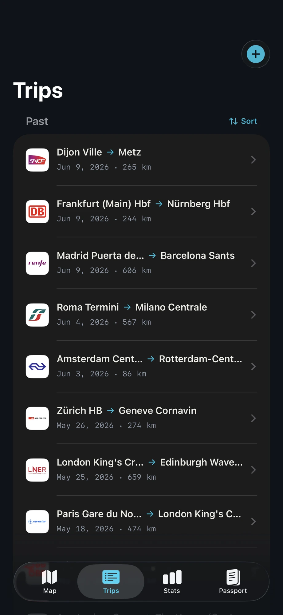 TrainAtlas trips list with multiple operator logos