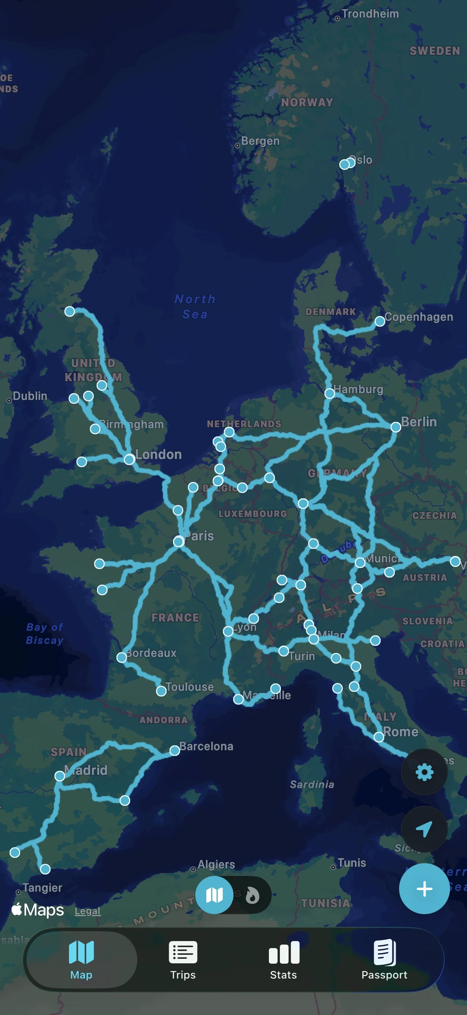TrainAtlas map showing rail routes across Europe - UK, France, Germany, Spain, Italy