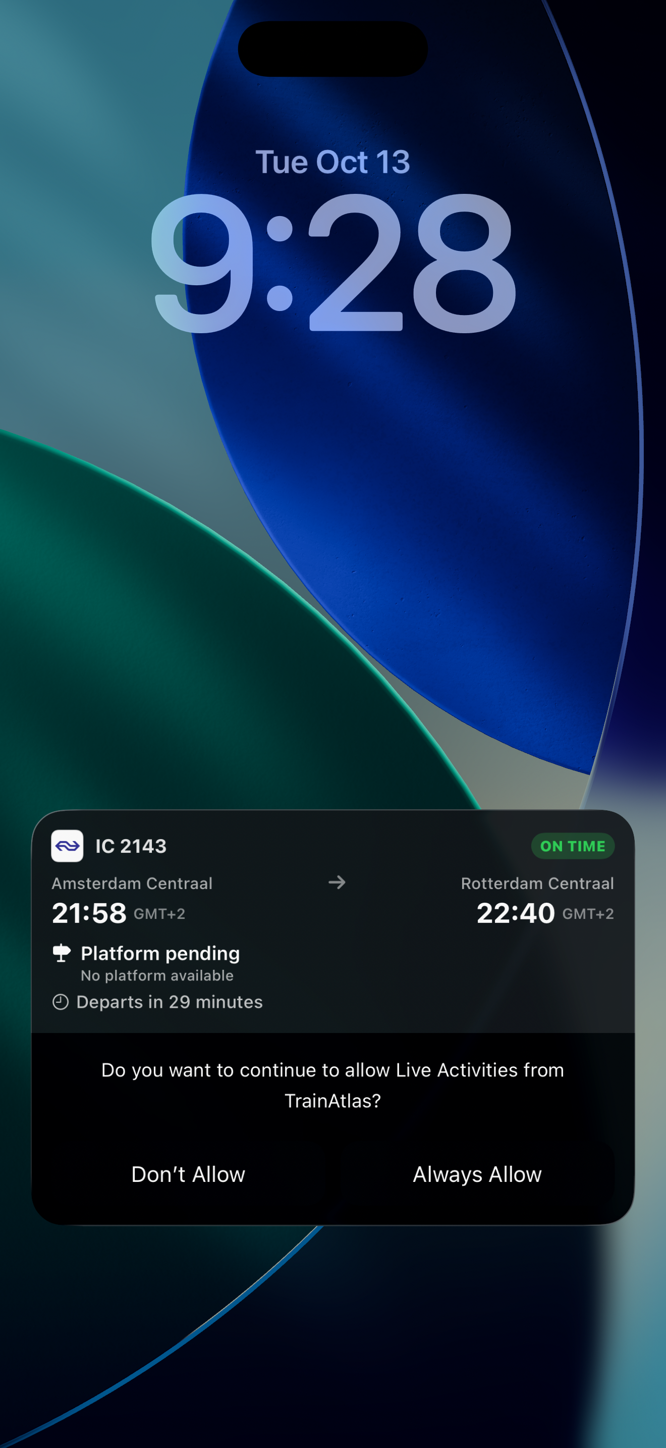 TrainAtlas Live Activity permission on the iPhone Lock Screen with Always Allow and Don't Allow