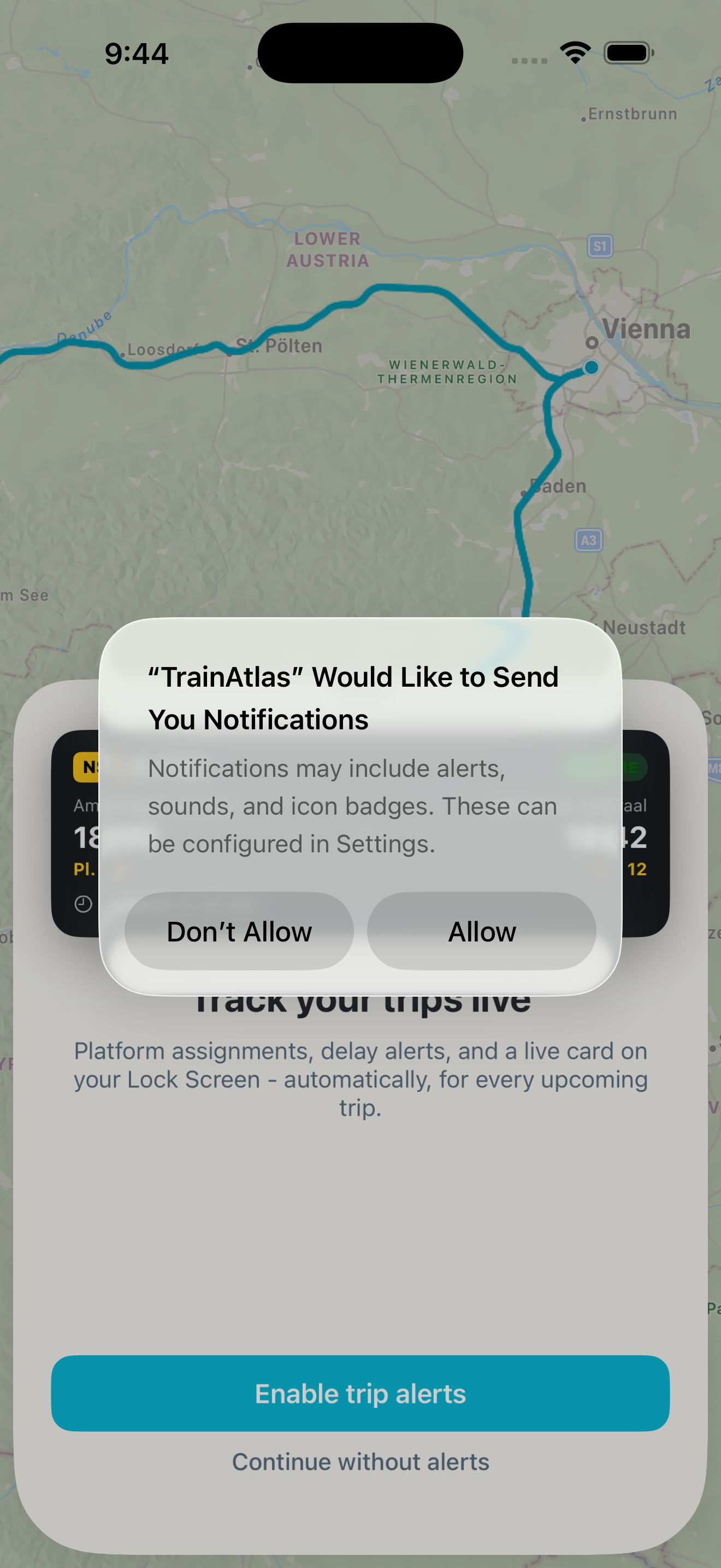 iPhone notification permission prompt for TrainAtlas with Allow and Don't Allow choices