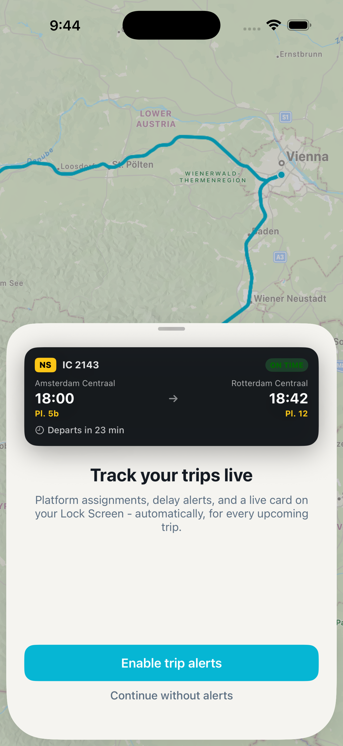 TrainAtlas Track your trips live introduction with Enable trip alerts and Continue without alerts