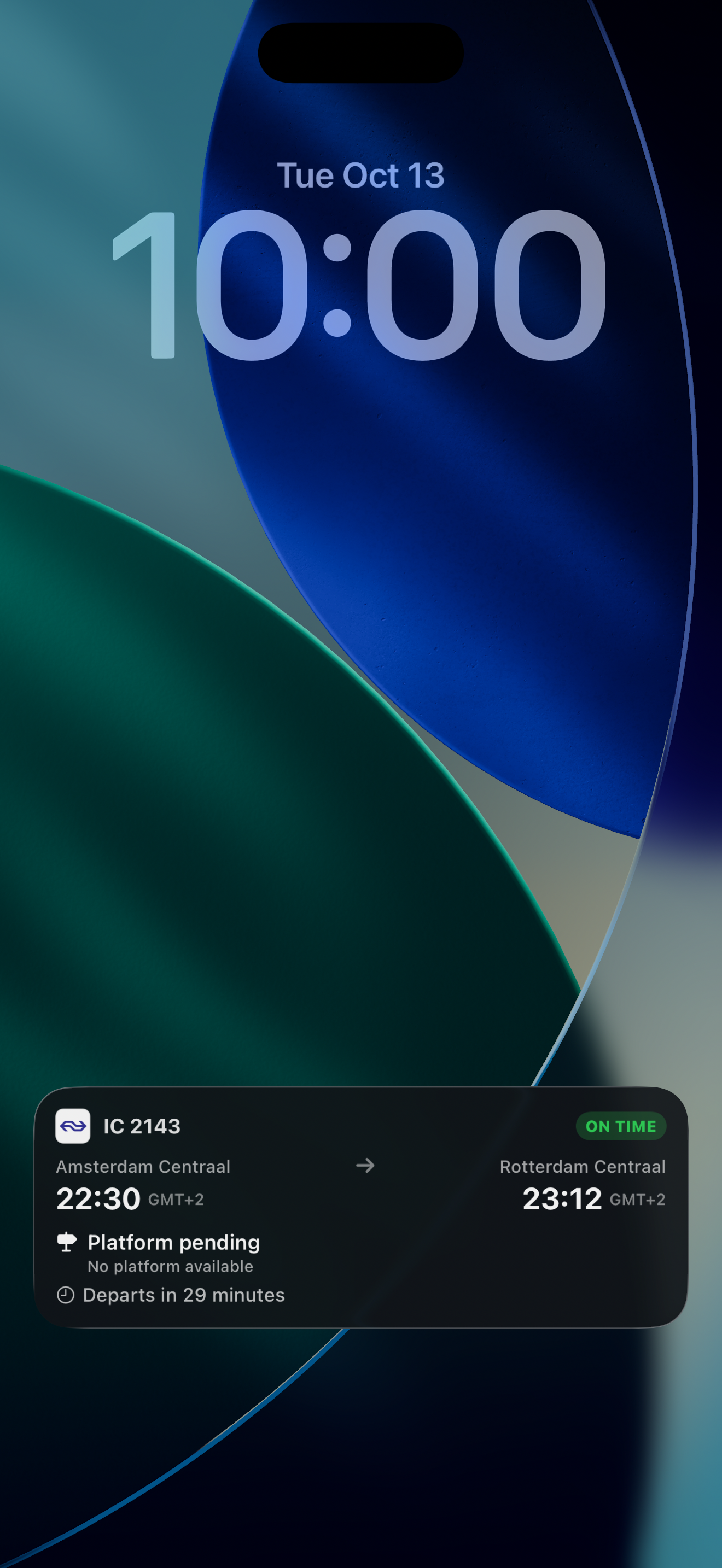 TrainAtlas Lock Screen Live Activity showing Platform pending for a controlled Amsterdam Centraal to Rotterdam Centraal example