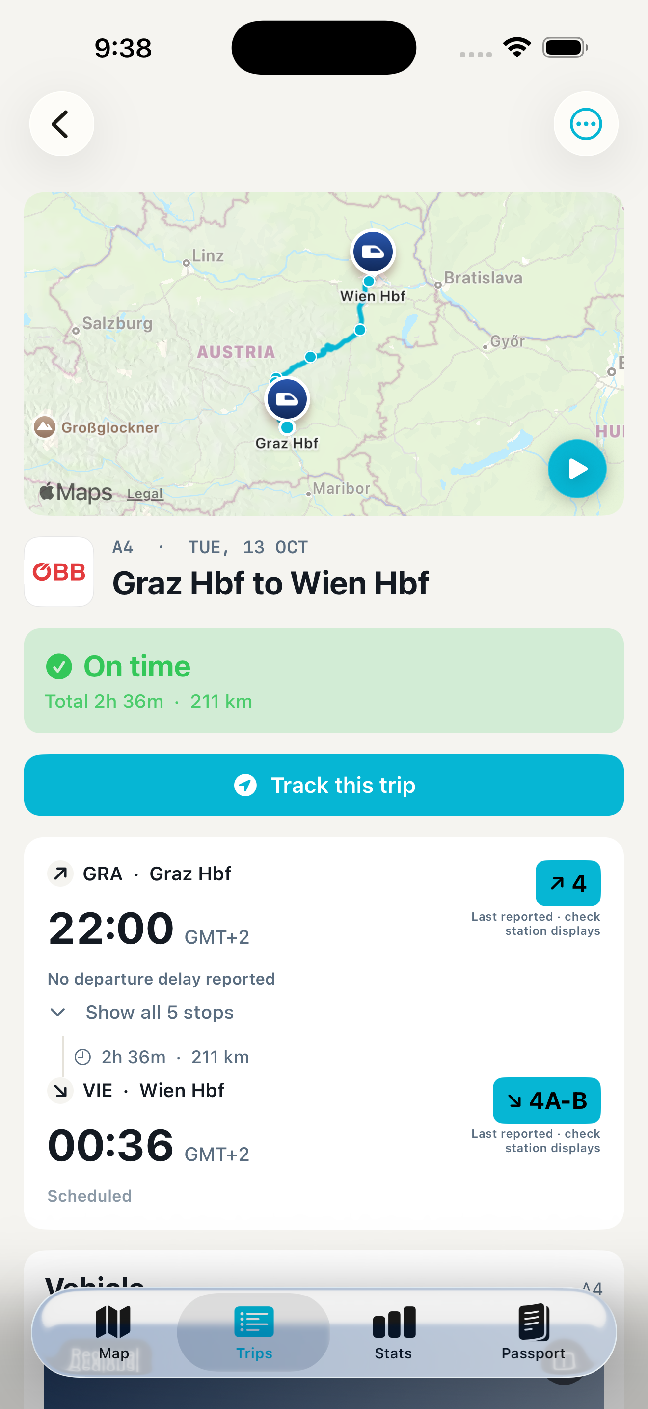 TrainAtlas trip details showing the Track this trip button above an upcoming Graz Hbf to Wien Hbf journey