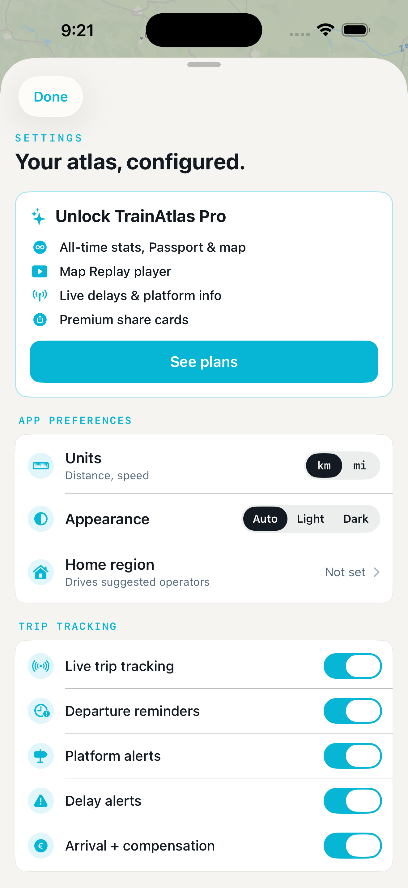 TrainAtlas Settings with Live trip tracking, Departure reminders, Platform alerts, Delay alerts and Arrival + compensation switches