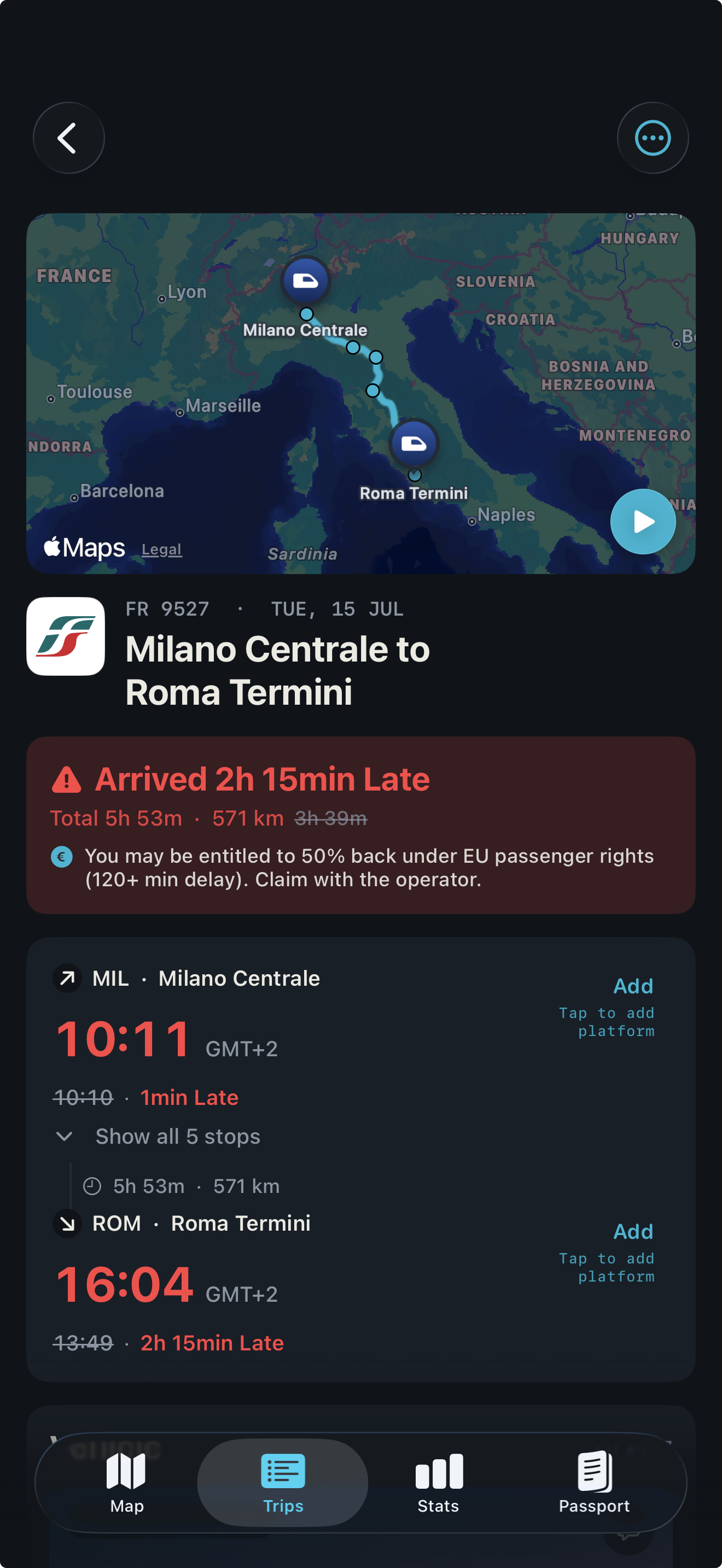 TrainAtlas showing a 2 hour 15 minute late Frecciarossa journey and a possible compensation prompt
